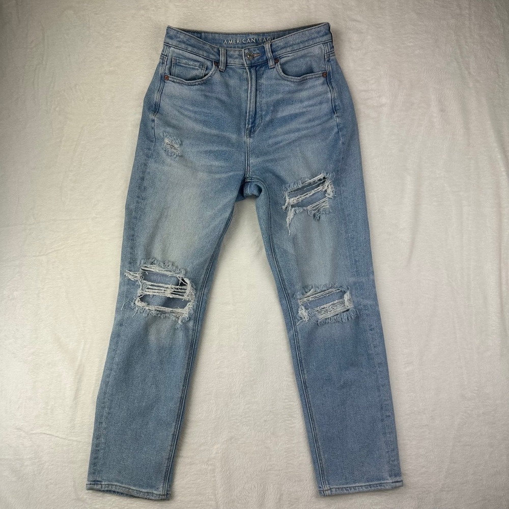 American‎ Eagle Mom Straight Jean Womens 4 Light Blue Distressed High Rise Denim